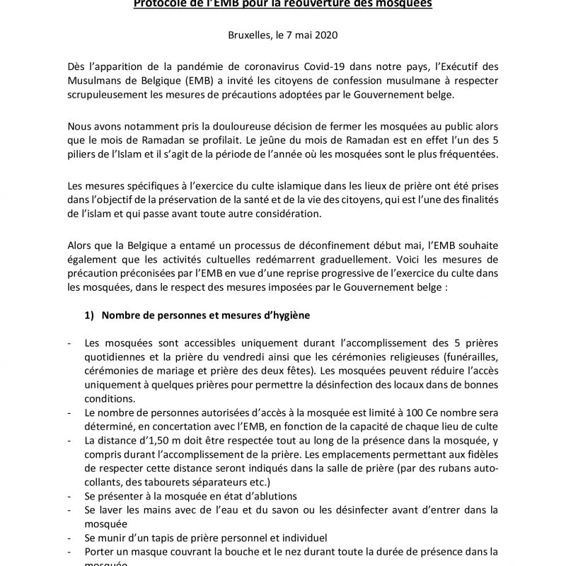 Galerie - Conditions et mesures de précaution à prendre en vue de la réouverture des mosquées